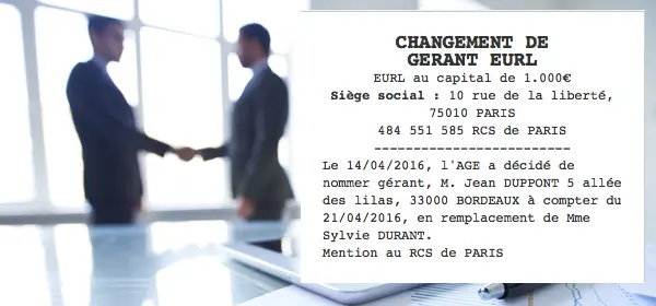 annonce légale changement gerant eurl